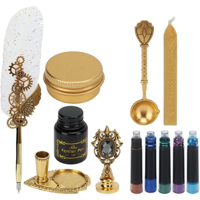 Kippenveer Pen Zakelijk Vuur Lak Stempel Europese Retro Stijl Gesprenkeld Goud Veer Roestvrij Staal beige