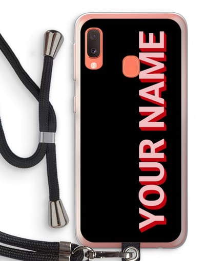 Gepersonaliseerd - Case Company® - Hoesje met koord geschikt voor Samsung Galaxy A20e hoesje met Koord - Namecase - Telefoonhoesje met Zwart Koord - Bescherming aan alle Kanten en Over de Schermrand