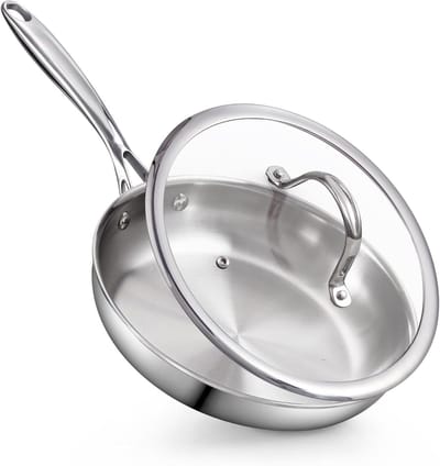 Roestvrijstalen koekenpan - Wokpan met deksel - Roerbakken en sauteren - Meerlaags beklede structuur - 25.5 cm - Zilver