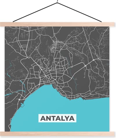 Posterhanger incl. Poster 40x40 cm - Schoolplaat - Antalya - Stadskaart - Plattegrond - Blauw - Kaart - Textielposter - Blanke latten - Stadskaart