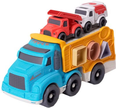 Speelgoedtopdeals- BIOplastic Truck met vormenstoof en kleine Hulpdienstwagens - Duurzaam speelgoed