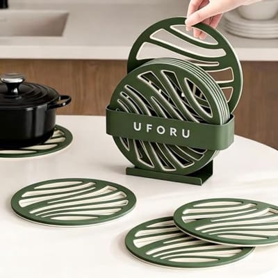 Set van 6 hittebestendige, antislip pannenlappen / onderzetters voor keuken & tafel – Keukenaccessoireset met modern design – Ronde matten / pads, Ø 15,5 cm (Zwart)