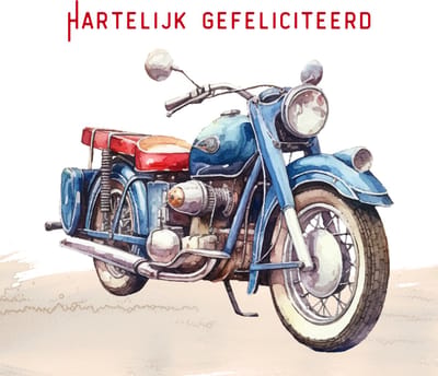 Wenskaart hartelijk gefeliciteerd vintage motor – 13x13 cm – gevouwen kaart – inclusief witte envelop – stevig papier – felicitatiekaart