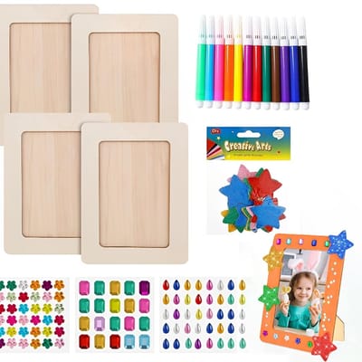 MTTproducts- Fotolijst Knutselset - 4 Stuks - Rechthoekig - Doe-het-zelf - Decoratie met Sterstickers - Aquarelstiften 12 Kleuren