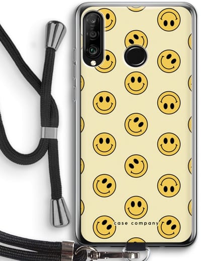 Case Company® - Hoesje met koord geschikt voor Huawei P30 Lite hoesje met Koord - Smiley N°2 - Telefoonhoesje met Zwart Koord - Bescherming aan alle Kanten en Over de Schermrand