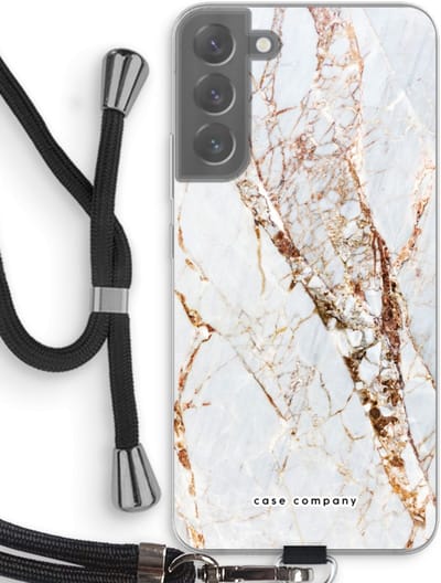 Case Company® - Hoesje met koord geschikt voor Samsung Galaxy S22 Plus hoesje met Koord - Goud marmer - Telefoonhoesje met Zwart Koord - Bescherming aan alle Kanten en Over de Schermrand