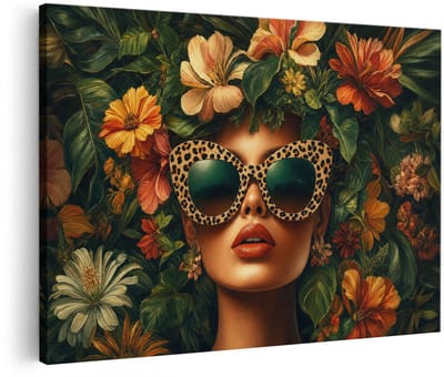Artaza Canvas Schilderij Vrouw Met Panterprint Bril - Tropische Bloemen - 120x80 cm - Groot - Wanddecoratie Woonkamer - Schilderijen - Muurdecoratie