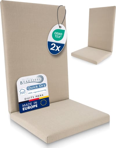 Beautissu QD-HL – Set van 2 Premium Tuinstoelkussens Hoge Rug 122x48 cm – 100% Waterdicht – Weerbestendig – Sneldrogend – UV-bestendig – Natuur