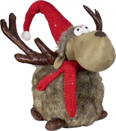 Viv! Christmas Kerstbeeld - Liggend Rendier met Kerstmuts - rood bruin - 45cm