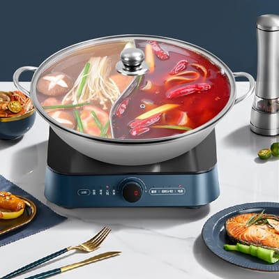Rvs Hotpot met Deksel, 34 cm, Verdeelde Soup Pan voor Inductie en Gasfornuis
