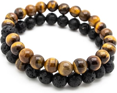 Sorprese armband - Exclusive - armband heren - Zwart Lava en Tijgeroog Natuurstenen - 20 cm - cadeau - Model Q
