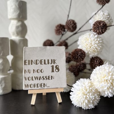 Hartjespost | Tegeltje Eindelijk 18 nu nog volwassen worden beige, grijs, goud | schoencadeautjes sinterklaas | tegeltjes met tekst | spreuktegel | tegeltjeswijsheden | cadeau | feest | verjaardag | Birthday | 18jaar | 18 | happy birthday | 10x10