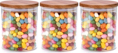Voorraadpot/bewaarpot Foodking - 3x - borosilicaat glas - 600 ml - glas/hout - D9.5 x H11 cm - voedsel bewaren