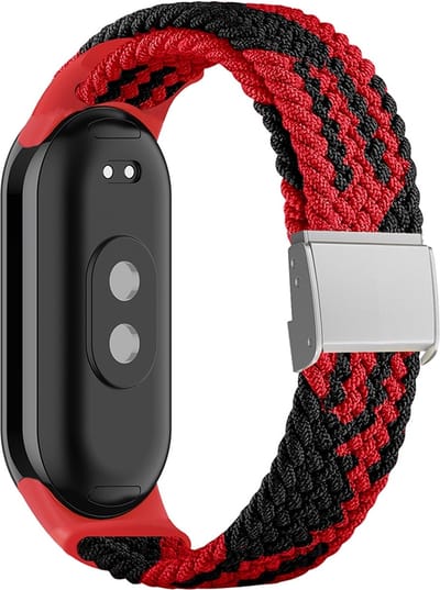 By Qubix - Braided nylon bandje - Rood met zwart - Geschikt voor Xiaomi Smart Band 8 / 9 / 10