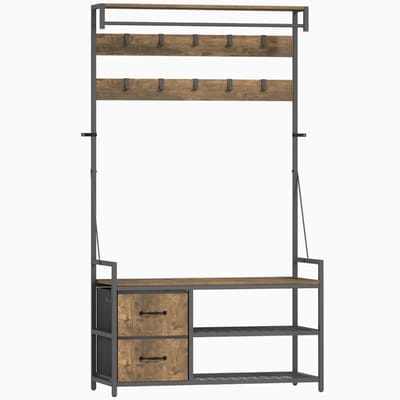 Kapstok met Bank - Industrieel Design - Kapstok met 10 Haken en 2 Stoffen Laden - Metaal - Bruin