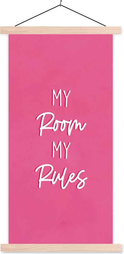 Posterhanger incl. Poster 60x120 cm - Schoolplaat - Kind - Spreuken - Roze - My room my rules - Quotes - Textielposter - Blanke latten