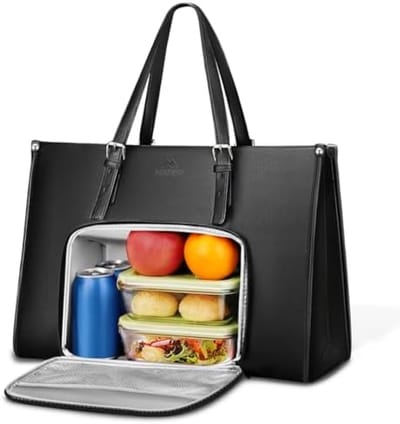 Vrouwen Laptoptas met Geïsoleerd Lunchcompartiment 15,6 inch PU Lederen Aktetas Werktas School Kantoor Zwart