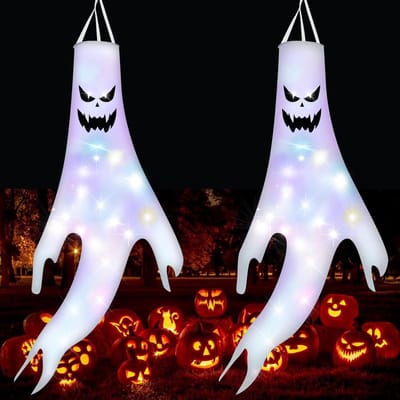 Halloween decoratie outdoor 120 cm - spook windsok - tuin hangende windzakken met 3 lichtmodi - 20 leds - carnaval party terras boom veranda
