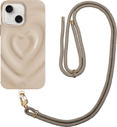 xoxo Wildhearts Biggest Love Creme Cord Case - Geschikt voor iPhone 13 - Hoesje met koord - Kwalitatieve backcover - Telefoonhoesje met hartjes patroon - Hartenpatroon - met camerabumper - Hearts - Beige - Creme