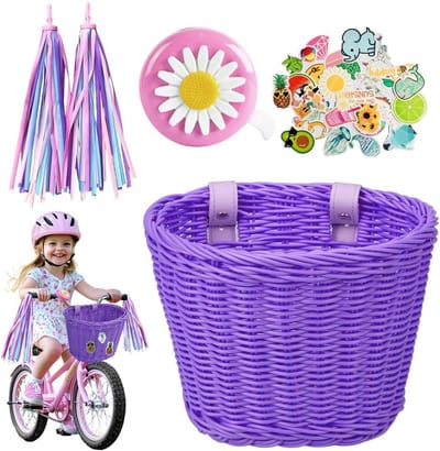Kinderfietsmand, Verwijderbare kinderfietsmand, Meisjes fietsmand Kinderen, Accessoires met lederen band, Fietsklok en Sticker