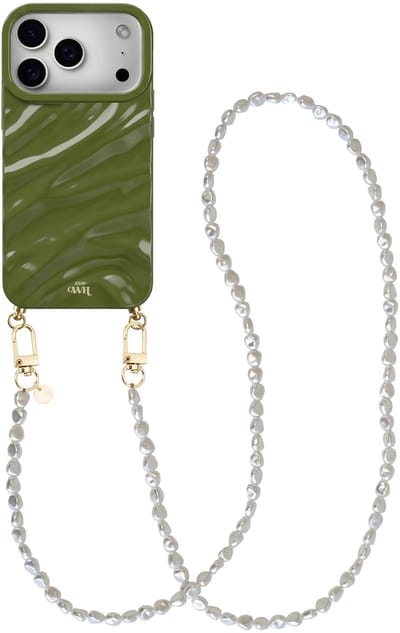 xoxo Wildhearts Glaze Cord Case Groen - Geschikt voor iPhone 17 Pro Max - Pearlfection - Lang koord - Glimmend siliconen telefoonhoesje met plooien - Dream hoesje met koord - Parelketting - Telefoonkoord
