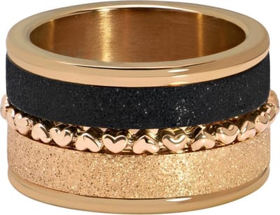 Quiges Dames Stapelring Set RVS Hartjes Rosé Verguld en Zwart - Maat 18.5 - Hoogte 10mm - SRS00718.5