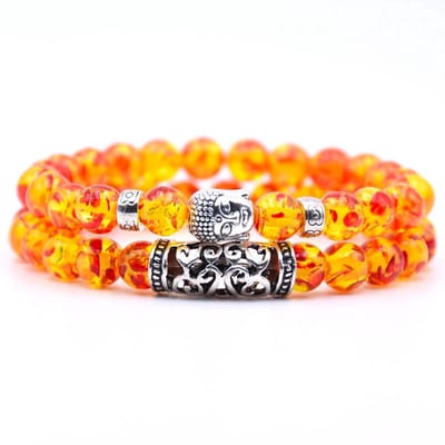 Bixorp Gems 2 Boeddha Armbanden van Zonnesteen - Oranje Kralenarmband met Stainless Steel / Roestvrij Staal - 20cm