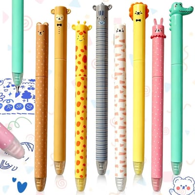 Erasable Balpen Set met 8 Stuks, Kawaii Cartoon Design, 0.7mm Punt voor Kinderen en Volwassenen, Ideaal voor School en Creatieve Projecten