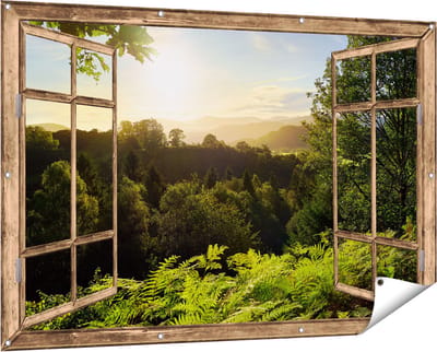 Gards Tuinposter Doorkijk Zonsondergang vanuit een Bos - 150x100 cm - Tuindoek - Tuindecoratie - Wanddecoratie buiten - Tuinschilderij