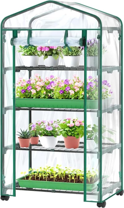 Famanu – Kleine foliekas met vergrendelingswielen en 4 planken, ruimtebesparend kweekhuis voor balkon en tuin, 69 x 48 x 164 cm
