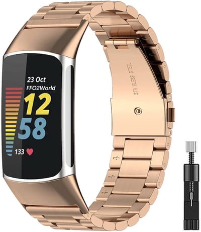 Stravo Compatibel met Fitbit Charge 6/Charge 5 Fitness Activity – Klassieke Rozen Gouden RVS Pols bandje + Toolkit – Lichtgewicht Reservebandje voor Fitbit Charge 6/Charge 5 Accessoires