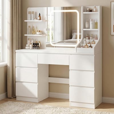 Luxe Hollywood LED Kaptafel met Spiegel en 7 Lades – Make-up Tafel met Instelbare Verlichting, 4 Planken en Open Vakken 110x40x139cm