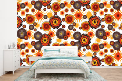 Behang - Fotobehang Design - Retro - Oranje - Bloemen - Breedte 320 cm x hoogte 240 cm
