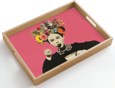 Dienblad hout 50x35 cm - Schootdienblad - Meisje - Kopje - Bloemen - Roze - Borrelplank rechthoek - Plateau dienbladen