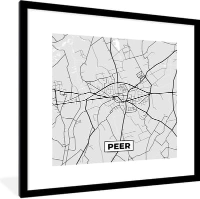 Fotolijst incl. Poster Zwart Wit- Stadskaart – Zwart Wit - Kaart – Peer – België – Plattegrond - 40x40 cm - Posterlijst