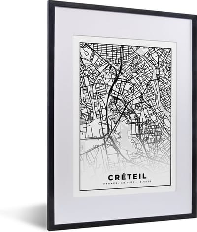 Fotolijst incl. Poster Zwart Wit- Stadskaart - Créteil - Plattegrond - Kaart - Frankrijk - Zwart wit - 30x40 cm - Posterlijst