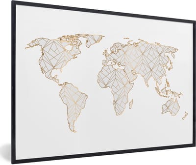 Poster in lijst - Fotolijst 120x80 cm - Posters - Wereldkaart - Goud - Grijs - Kinderen - Jongens - Meisjes - Posterlijst zwart - Decoratie - Wanddecoratie woonkamer - Muurdecoratie slaapkamer