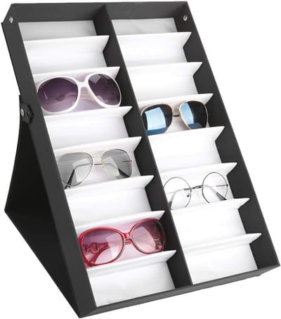 SnelShoppen - Zonnebril Display met 16 Compartimenten voor Zonnebrillen en Sieraden, 48.5 x 33 x 6 cm, Duurzaam MDF, Zwart met Witte Scheidingswanden,