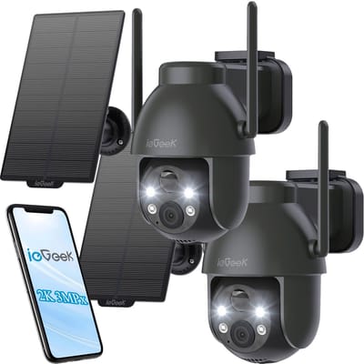 ieGeek 2K PTZ Bewakingscamera Buiten Draadloos met Batterij, Solar WiFi Beveiligingscamera voor thuis met Zonnepaneel en PIR Bewegingsdetectie, Kleuren Nachtzicht CCTV IP Camera Security - zwart - 2 stuks