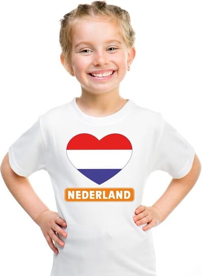Nederland vlag print kinder t-shirt - Nederlandse hartjes vlag - wit - jongens en meisjes 110/116