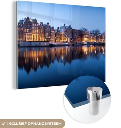 MuchoWow® Glasschilderij 160x120 cm - Schilderij acrylglas - Amsterdam - Zonsondergang - Reflectie - Foto op glas - Schilderijen