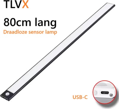 TLVX Oplaadbare LED Sensorlamp Extra Lang / 80CM / 120 LED’s / USB / Beweging Sensor Draadloos Accu / Dimbaar / Kleding Kastverlichting / Keuken lamp / Wit Licht / Warm White / Ultra dun / Magnetische plak strips / Light Motion Sensor / Kleur Zwart