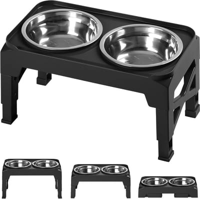 Verhoogde Hondenbakken - Voerstandaard Honden - Comfortabel Eten - 3 Hoogtes Verstelbaar - 2x 25oz Kom - Zwart