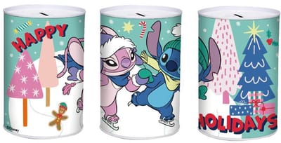 Disney Lilo & Stitch kerst spaarpot – metalen muntenbox met Stitch & Angel – 12 × 16 cm – Happy Holidays design