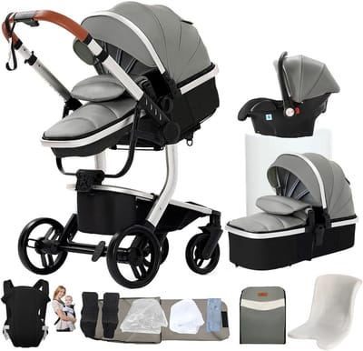 3-in-1 Kinderwagen Set PU-leer Inclusief Buggy en Draagmand - Opvouwbaar en Verstelbaar