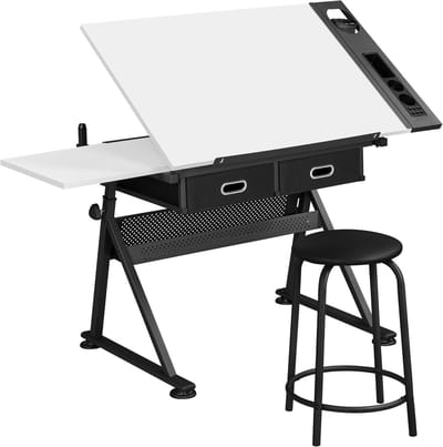 Tekentafel Verstelbaar met Kruk - Professionele Architectentafel met Kantelbaar Werkblad en In Hoogte Verstelbaar Frame - Tekenbureau voor Tekenen, Ontwerpen, Hobby en Studie - Multifunctionele Werktafel Wit