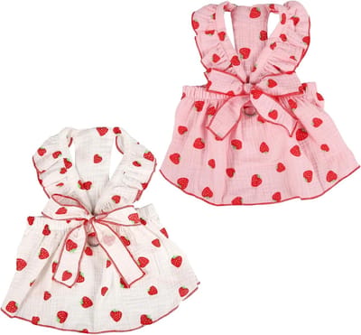 Lieve Zomerjurk voor Honden en Katten met Aardbei Print en Strikdecoratie, Geschikt voor Kleine en Middelgrote Huisdieren