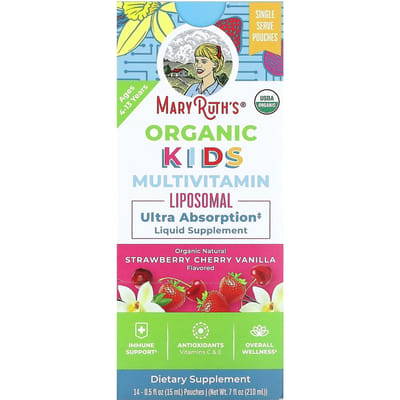 MaryRuth's, Biologische Kinder-, Multivitamine Liposomaal, Leeftijd 4-13, Aardbei, Kers, Vanille, 14 zakjes, 0,5 fl oz (15 ml) elk