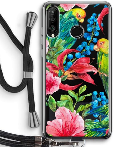 Case Company® - Hoesje met koord geschikt voor Huawei P30 Lite hoesje met Koord - Papegaaien - Telefoonhoesje met Zwart Koord - Bescherming aan alle Kanten en Over de Schermrand