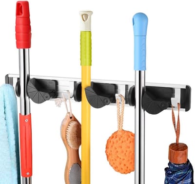 Mop en Bezemhouder Wandmontage met 4 Haken voor Opberging van Schoonmaakmiddelen, Tuingereedschap en Sportuitrusting in Garage of Kast